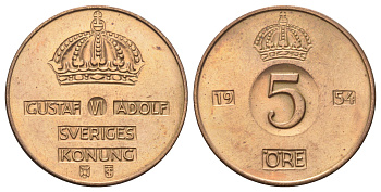 Швеция 5 эре 1954 Густав VI Адольф (1950-1973) KM 822 бронза 4700-734