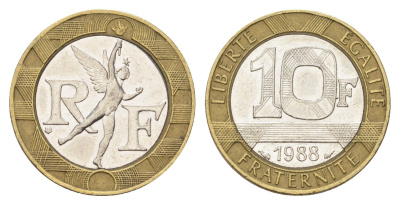 Франция 10 франков 1988 тип Гений Бастилии KM 964.1, Le Frank 375.2 биметалл 4704-456