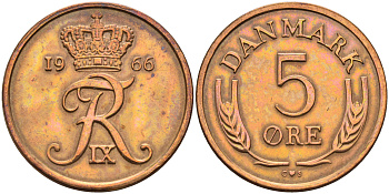 Дания 5 эре 1966 C; S, Фредерик IX (1947-1972) KM 848.1 бронза  4177-156