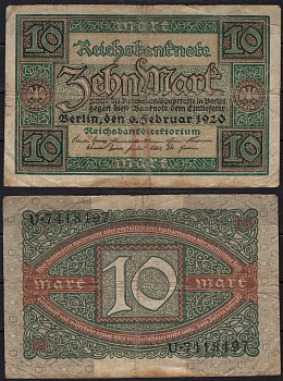 Германия 10 марок 1920 Pick 67a бумага 8602-20-1-2