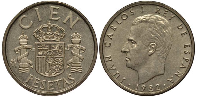 ИСПАНИЯ 100 ПЕСЕТ 1982 ХУАН КАРЛОС I (1975-) KM 826 алюминиевая бронза 210-1247