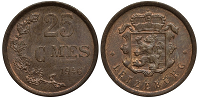 Люксембург 25 сантимов 1946 Шарлотта (1918-1964) KM 45 бронза 4538-837