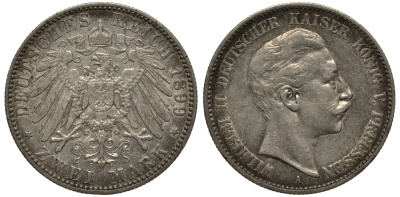 Пруссия 2 марки 1899 A, Вильгельм II (1888-1918) J.102, Weege 101, KM 522 серебро 3711-714