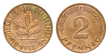 ФРГ 2 пфеннига 1958 F KM 106, J. 381 бронза 4682-1055
