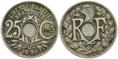 Франция 25 сантимов 1920 тип Линдайё KM 867a медно-никель 4171-1136