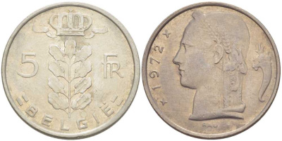 Бельгия 5 франков 1972 Belgie, Бодуэн I (1951-1993) KM 135.1 медно-никель 213-425