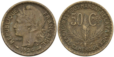 Камерун 50 сантимов 1926 (a), мондвор Париж KM 1 алюминиевая бронза 4169-1154