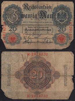 Германия 20 марок 1914 Pick 46b бумага 6293-58-2-2
