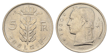 Бельгия 5 франков 1960 Belgie, Бодуэн I (1951-1993) KM 135 медно-никель UNC 4648-1136