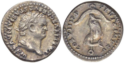 Римская Империя денарий 80 Тит, IMP TITVS CAES VESPASIAN AVG P M голова императора, обращенная вправо / TR P IX IMP XV COS VIII P P дельфин, обвивающий якорь, Рим, about Extremely fine , 3,00 гр RIC 112 серебро 00-000-00