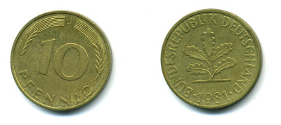 ФРГ 10 ПФЕННИГОВ 1981 J KM 108, J.383 сталь плакированная латунью 46-1321