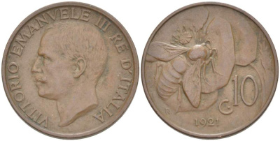 ИТАЛИЯ 10 ЧЕНТЕЗИМО 1921 R, МОНДВОР РИМ, ВИКТОР ЭММАНУИЛ III (1900-1946) KM 60 медь 4525-232
