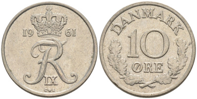 ДАНИЯ 10 ЭРЕ 1961 C; S, ФРЕДЕРИК IX (1947-1972) KM 849.1 медно-никель 4564-1219