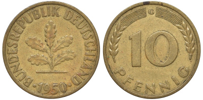 ФРГ 10 пфеннигов 1950 C KM 108, J. 383 сталь плакированная латунью 4132-517