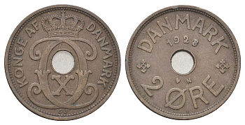 Дания 2 эре 1928 N, Кристиан X (1912-1947) KM 827 бронза 4701-662