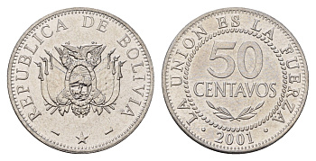 Боливия 50 сентаво 2001 KM 204 нержавеющая сталь UNC 181-226