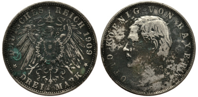 Бавария 3 марки 1909 Отто (1886-1913) Weege 45, J. 47, KM 515 серебро 3711-1845