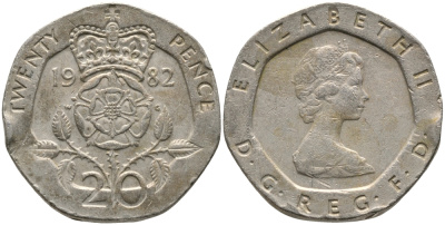Великобритания 20 пенсов 1982 Елизавета II (1952-2022) KM 931, Spink 4230 (G1) медно-никель 65-956