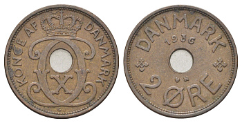 Дания 2 эре 1936 N, Кристиан X (1912-1947) KM 827 бронза 4701-827