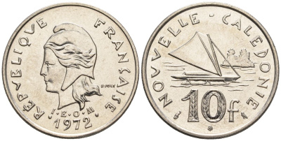 Французская Новая Каледония 10 франков 1972 лодка KM 11 никель  UNC  4610-527