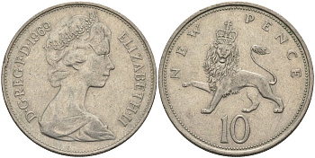 Великобритания 10 пенсов 1969 Елизавета II (1952-2022) KM 912, Spink 4231 (F1) медно-никель 4683-421