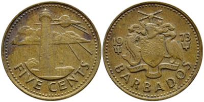 Барбадос 5 центов 1973 маяк Саут-Пойнт KM 11 латунь 4398-445