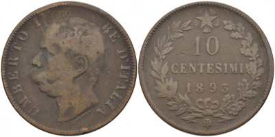 ИТАЛИЯ 10 ЧЕНТЕЗИМО 1893 B/I, УМБЕРТО I (1878-1900) KM 27.1 медь 114-632