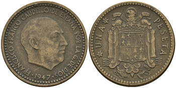 Испания 1 песета 1947 (53) Франсиско Франко (1939-1975) KM 775 алюминиевая бронза 4155-325
