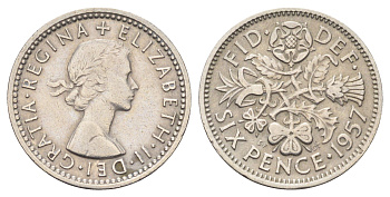 Великобритания 6 пенсов 1957 Елизавета II (1952-2022) KM 903, Spink 4149 медно-никель 4697-643