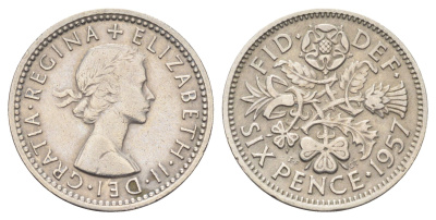 Великобритания 6 пенсов 1957 Елизавета II (1952-2022) KM 903, Spink 4149 медно-никель 4697-643