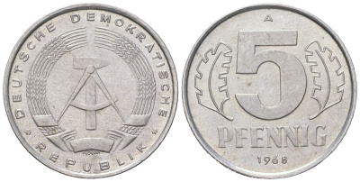 ГДР 5 пфеннигов 1968 A KM 9.1 алюминий aUNC 206-557