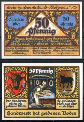 Штольценау (Пруссия, Ганновер) 50 пфеннигов 1921 Mehl Grabowski 1277.1-4/12 бумага UNC (пресс) 7556-70-2-1