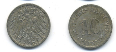 Германия 10 пфеннигов 1907 A KM 12, J. 13 медно-никель 58-315