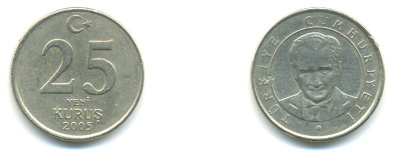 ТУРЦИЯ 25 КУРУШ 2005 KM 1167 медь никель цинк 176-1035
