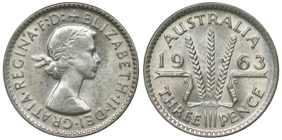 Австралия 3 пенса 1963 m, Елизавета II (1952-2022) KM 57 серебро 71-833