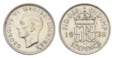 Великобритания 6 пенсов 1938 Георг VI (1936-1952) KM 852, Spink 4084 серебро 4392-952
