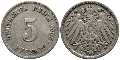 ГЕРМАНИЯ 5 ПФЕННИГОВ 1905 J KM 11, Jager 12, Weege 6 медно-никель 4547-447
