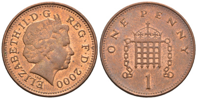 Великобритания 1 пенни 2000 Елизавета II (1952-2022) KM 986, Spink 4710 (B5) сталь плакированная медью 4609-553