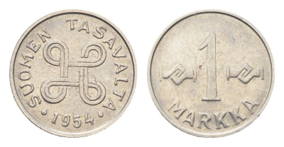 Финляндия 1 марка 1954 KM 36a сталь плакированная железом 4705-713