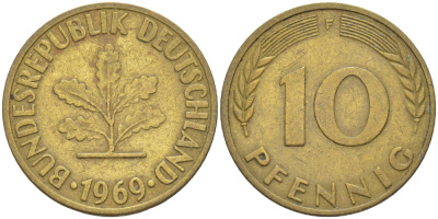 ФРГ 10 ПФЕННИГОВ 1969 F KM 108, J. 383 сталь плакированная латунью 4182-757