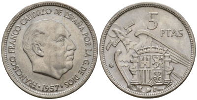 Испания 5 песет 1957 (69) Франсиско Франко (1939-1975) KM 786 медно-никель 186-651