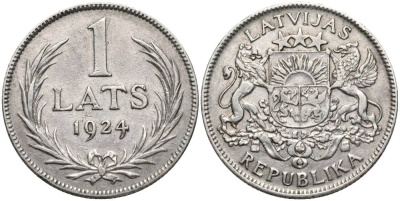 Латвия 1 лат 1924 Первая республика (1918-1939) KM 7 серебро 27-1231