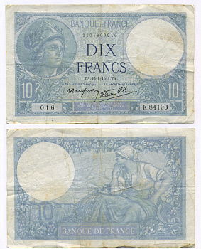 ФРАНЦИЯ 10 ФРАНКОВ 1941 16 ЯНВАРЯ 1941 Pick 84 бумага 7191-3-2-1