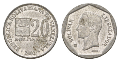 Венесуэла 20 боливаров 2002 Симон Боливар Y 81a цинк алюминий 4580-952