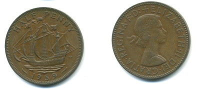 Великобритания 1/2 пенни 1959 Елизавета II (1952-2022) KM 896, Spink 4158 бронза 3999-125