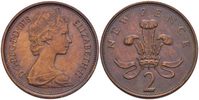 Великобритания 2 пенса 1978 Елизавета II (1952-2022) KM 916, Spink 4235 (C1) бронза 67-826