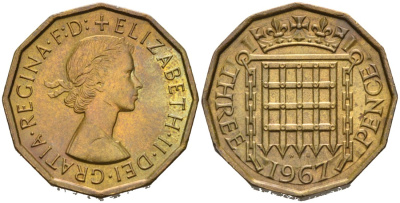 Великобритания 3 пенса 1967 Елизавета II (1952-2022) KM 900, Spink 4153 никель латунь 4561-1041