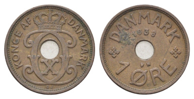 Дания 1 эре 1938 N, Кристиан X (1912-1947) KM 826 бронза 4701-617