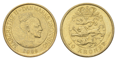 Дания 10 крон 2008 NR, Маргрете II (1972-2024) KM 896 алюминиевая бронза UNC 117-136