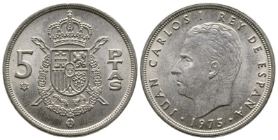 Испания 5 песет 1975 (77) Хуан Карлос I (1975-2014) KM 807 медно-никель 4610-217